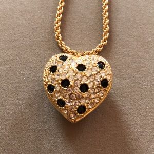 Vintage Joan Rivers Gold heart locket, Clear and black crystal pendant necklace